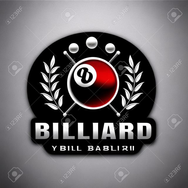 Billard-Design-Logo mit schwarzer Kugel Nummer 8, Billardzimmer, Dreieck oder Poolclub, Billardkugel, Symbol, Symbol, Vorlage