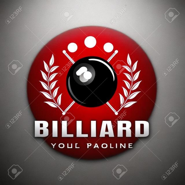 Billard-Design-Logo mit schwarzer Kugel Nummer 8, Billardzimmer, Dreieck oder Poolclub, Billardkugel, Symbol, Symbol, Vorlage