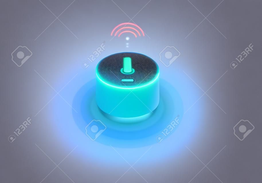 Smart speaker with voice control of your home. Voice activated devices reports the news, plays music, answers questions.  Isometric concept  recognition speech,   hi tech gadget. Voice assistant 3D.