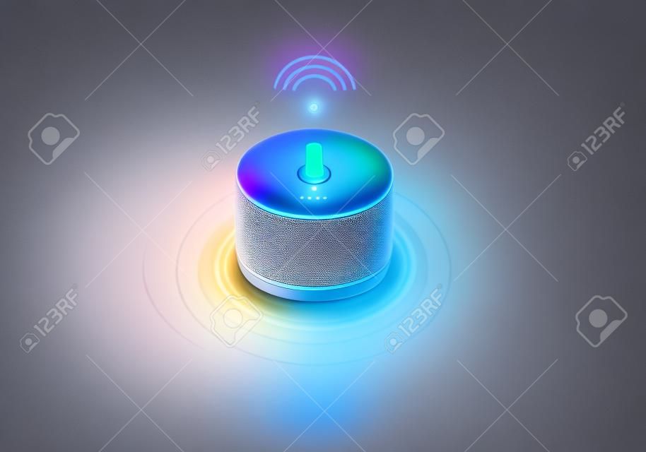 Smart speaker with voice control of your home. Voice activated devices reports the news, plays music, answers questions.  Isometric concept  recognition speech,   hi tech gadget. Voice assistant 3D.