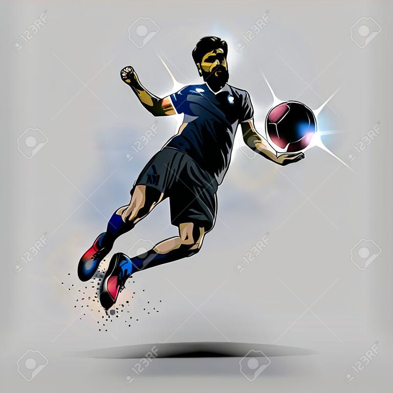 Jogador de futebol em ação saltando design de bola de toque
