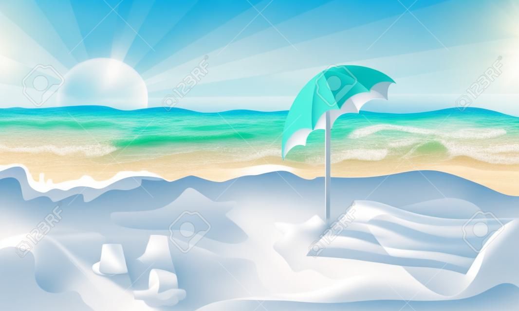 Kustzicht op een zonnige dag en een paraplu en een handdoek op het zand