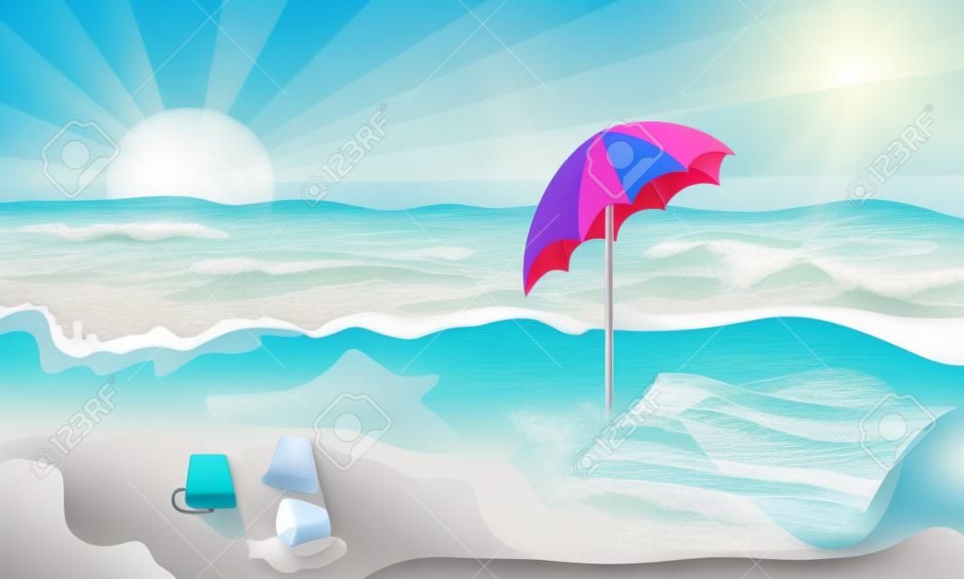 Kustzicht op een zonnige dag en een paraplu en een handdoek op het zand