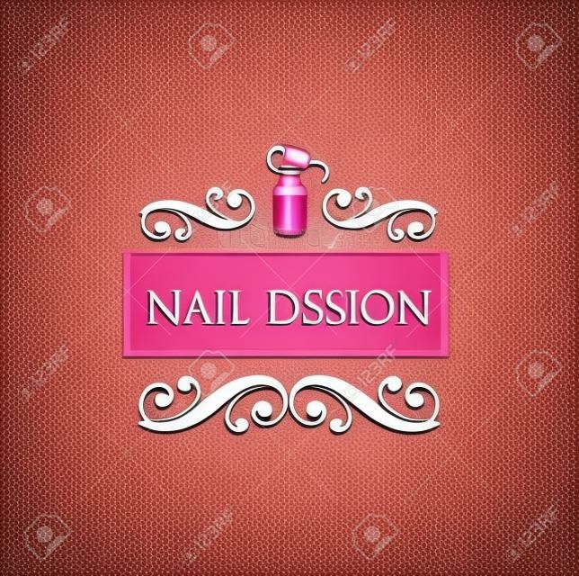 Студия дизайна ногтей Шаблон для логотипа. Значок лака для ногтей. Векторная иллюстрация с завитками и декоративными рамками.