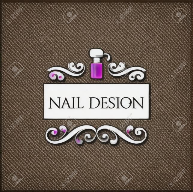 Студия дизайна ногтей Шаблон для логотипа. Значок лака для ногтей. Векторная иллюстрация с завитками и декоративными рамками.