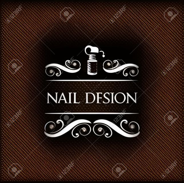 Nail art studio  Template for logo. Nail polish icon. Vector illustration with swirls and ornate frames.