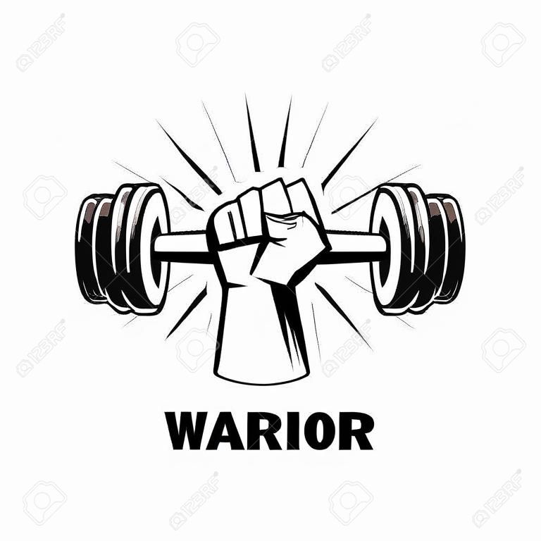 Fitness Motivation Poster with a dumbell and warrior word encryption. Fitness center logo Vector illustration Beams