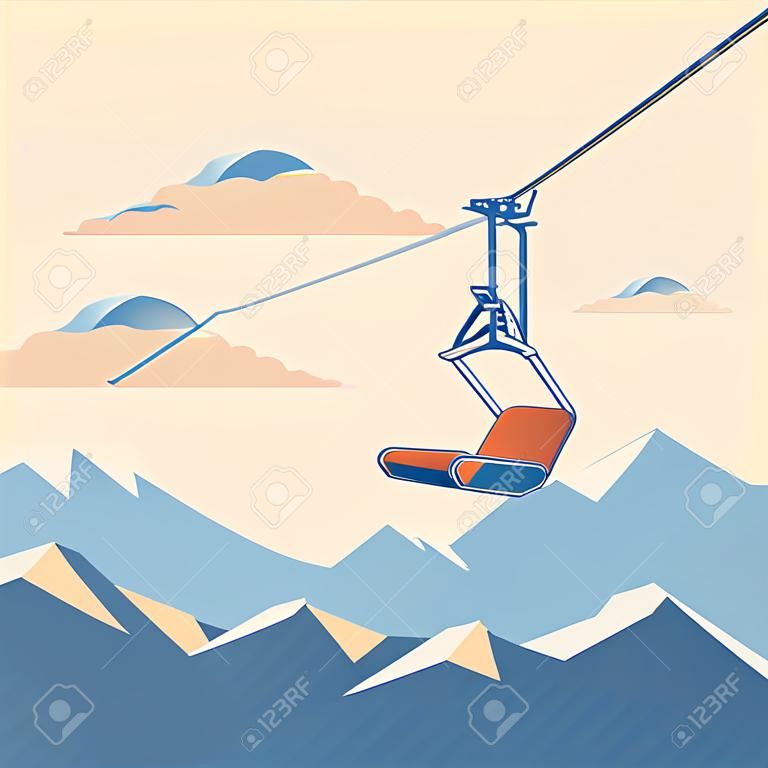 Stoel skilift voor bergskiërs en snowboarders beweegt in de lucht op een touw op de achtergrond van winter besneeuwde bergen en zonsondergang. Vector platte illustratie.
