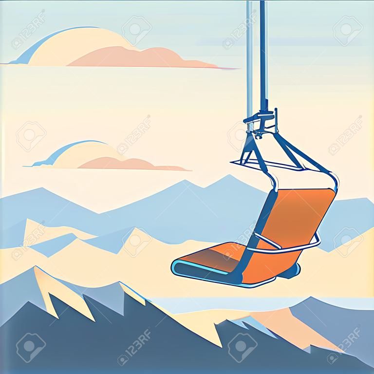 Le télésiège pour skieurs et snowboarders de montagne se déplace dans les airs sur une corde sur fond de montagnes enneigées d'hiver et de coucher de soleil. Plate illustration vectorielle.