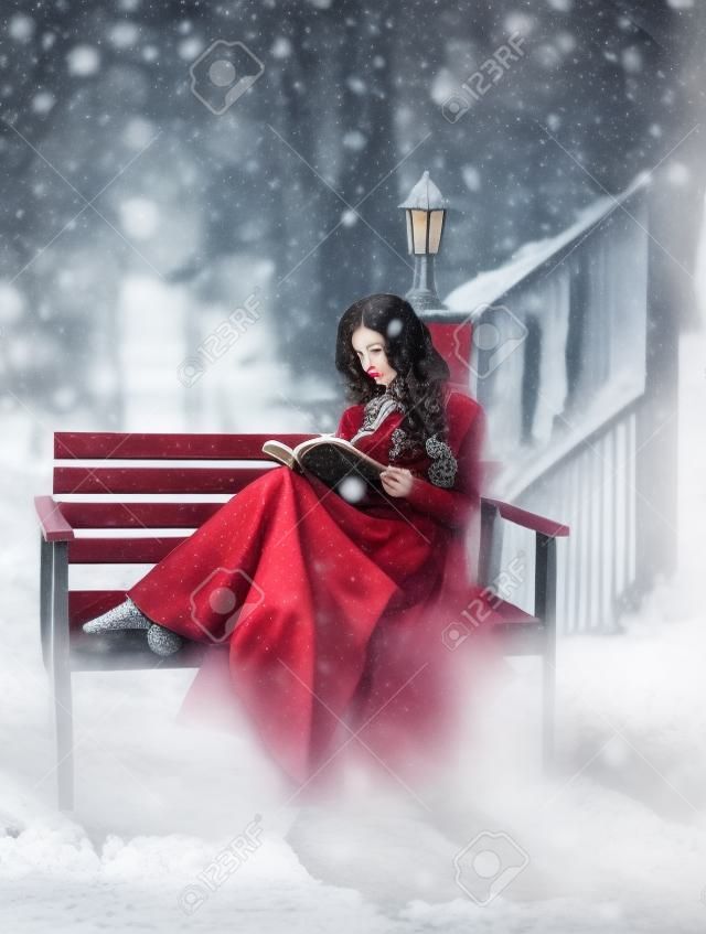 Зимняя сказка. Красивая девушка в винтажном платье. Она сидит на скамейке и читает книгу. Снег и холод в фоновом режиме. Длинные волосы, детское лицо. Творческие цвета