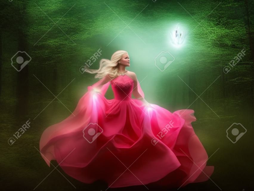 excellent mysterious blonde lady runs away from a nightmare, a forest monster, her light long expensive royal dress flutters on the fly, takes the form of a magical flower an amazing photo in motion