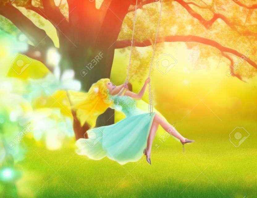 Schöne glückliche Frauennymphe, die auf Schaukeln sitzt. Zauberhafte Fantasy-Schaukel. Prinzessin langes pfirsichfarbenes Vintage-Kleid aus Seide, das im Wind flattert. blonde Haare fliegen in Bewegung. Wald des grünen Grases des Baumsonnenscheins