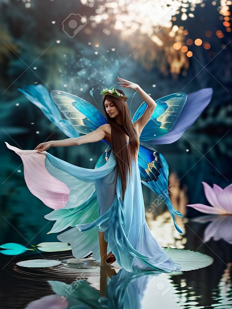 Piękna młoda kobieta fantasy na obrazie bajki rzeki tańczy na kwiat lilii wodnej. długa jedwabna sukienka powiewa na wietrze, błyszczą skrzydła motyla. tło wieczorem ciemna natura, niebieskie jezioro.