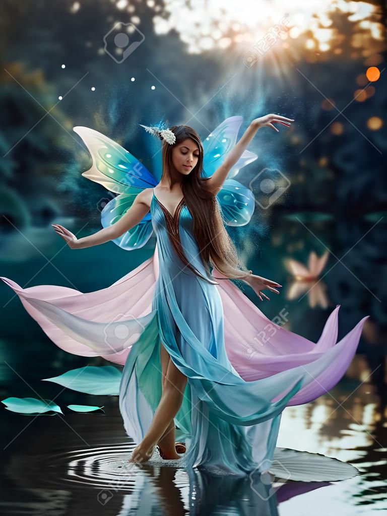 川の妖精をイメージした美しい若いファンタジーの女性が睡蓮の花の上で踊ります。長い絹のドレスが風になびき、蝶の羽が輝きます。背景夕方の暗い自然、青い湖。