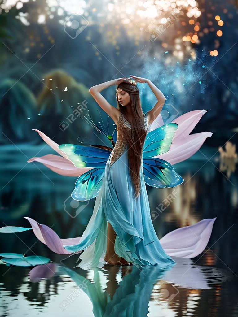川の妖精をイメージした美しい若いファンタジーの女性が睡蓮の花の上で踊ります。長い絹のドレスが風になびき、蝶の羽が輝きます。背景夕方の暗い自然、青い湖。