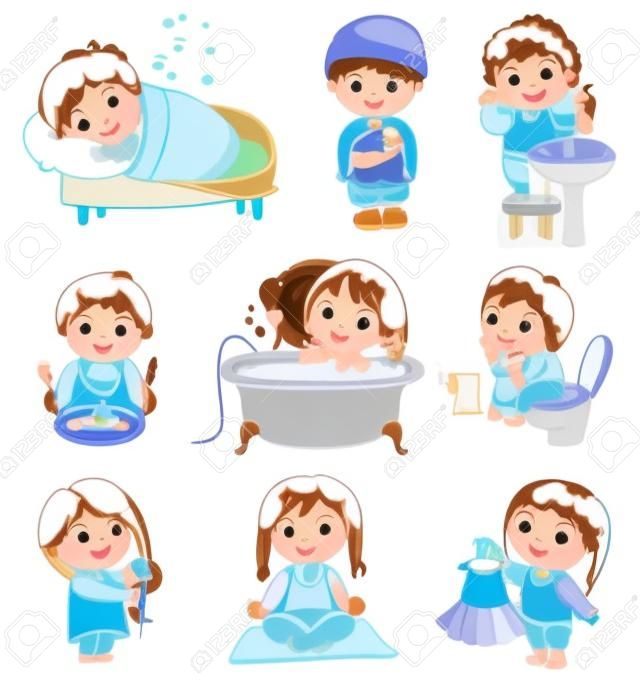Salud e higiene del bebé después de la ducha en una bata de baño y toalla, tomar un baño, cepillarse el pelo, se prueba un vestido nuevo Funny niño cepillarse los dientes, sentado en el inodoro, el dormir, el desayuno