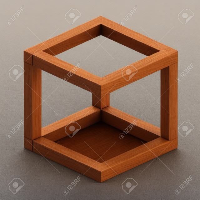 Ilusión óptica. Figura geométrica imposible. Caja de madera. Aislado en el fondo blanco. 3d