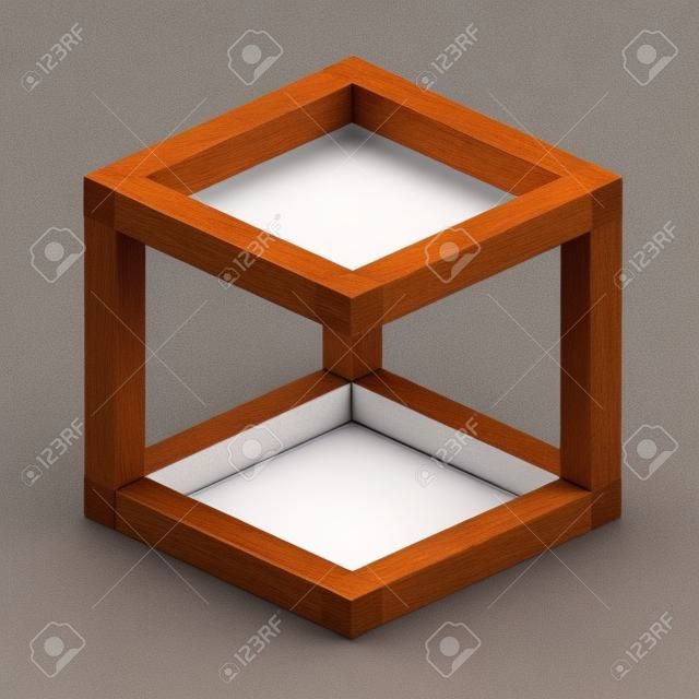 Optische Täuschung. Impossible geometrische Figur. Holzkiste. Isoliert auf weißem Hintergrund. 3D-Darstellung
