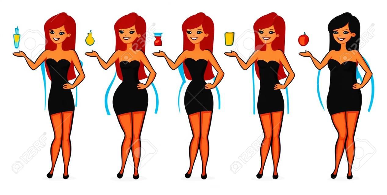 Cinq types de figures féminines. Les formes de corps. personnage de dessin animé drôle. Vector illustration. Isolé sur fond blanc