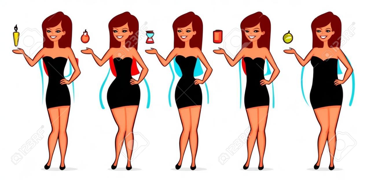 Fünf Typen von weiblichen Figuren. Körperformen. Lustige Zeichentrickfigur. Vektor-Illustration. Isoliert auf weißem Hintergrund
