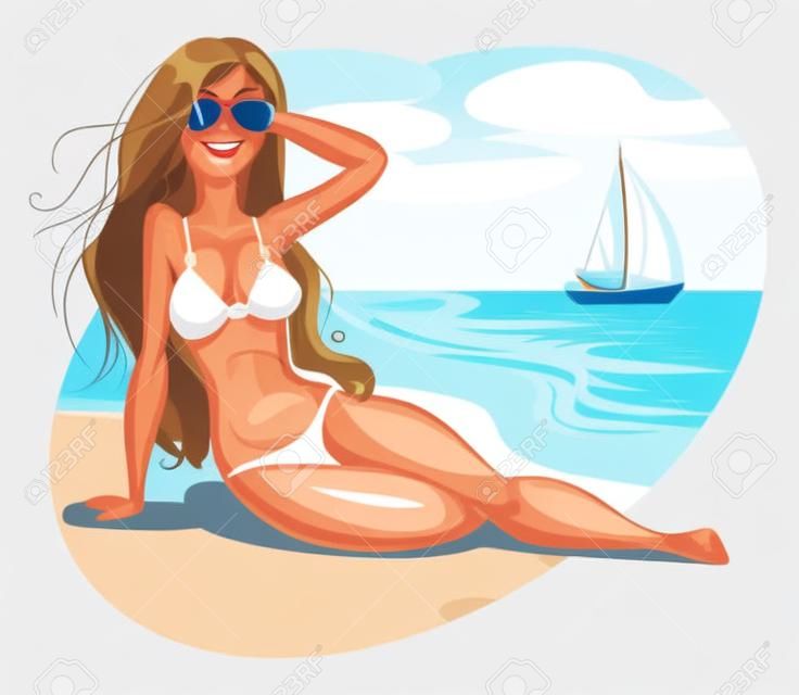 Het meisje zonnen op het strand. Grappige cartoon karakter. Vector illustratie. Geïsoleerd op witte achtergrond