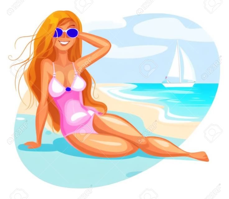 A menina banhos de sol na praia. Caráter engraçado dos desenhos animados. Ilustração vetorial. Isolado no fundo branco