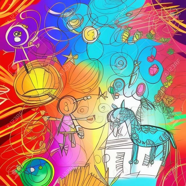 Niños doodle. Lápices de colores garabatos hechos por un niño. Ilustración del vector