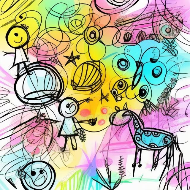 Niños doodle. Lápices de colores garabatos hechos por un niño. Ilustración del vector