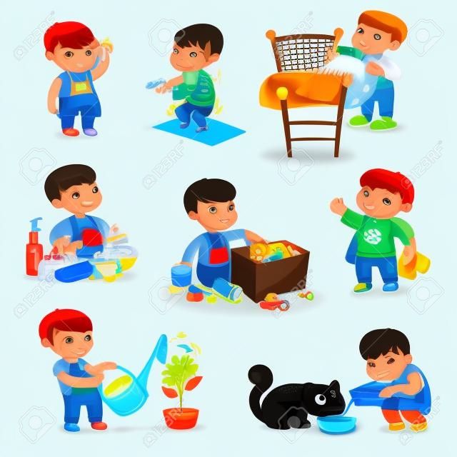 Daily routine. Child is combing his hair. Boy washes dishes. Kid is putting his toys in a box. Child makes bed. Kid himself clothes. Boy doing fitness exercise. Baby feeds a pet.