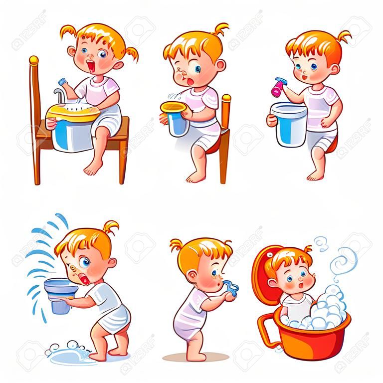 Dagelijkse routine activiteiten. Baby zitten kinderpot. Meisje poetsen haar tanden. Kid netjes vouwt zijn kleren. Meisje wast haar handen. Kind onder de douche. Wakker worden in de ochtend. Grappig cartoon karakter.