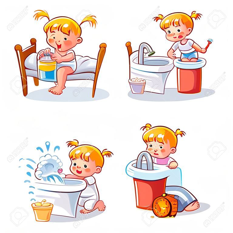 Daily routine activities. Baby sitting children's pot. Girl brushing her teeth. Kid neatly folds his clothes. Girl washes her hands. Child taking shower. Wake up in morning. Funny cartoon character.