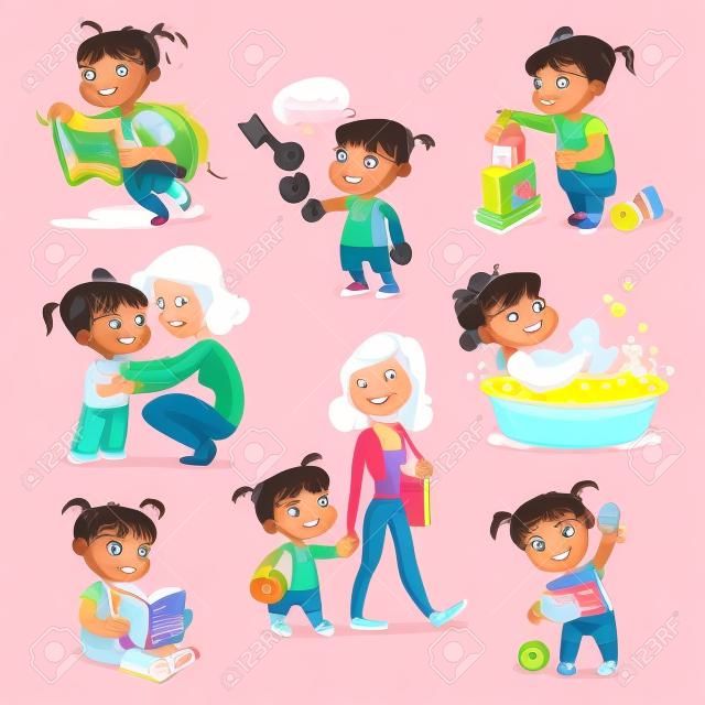 Cartoon kid daily routine activities set. Girl goes for a walk with mom. Kid with Speech say thank you. Child takes a bath. Reading a book. Girl doing exercises. Funny cartoon character.