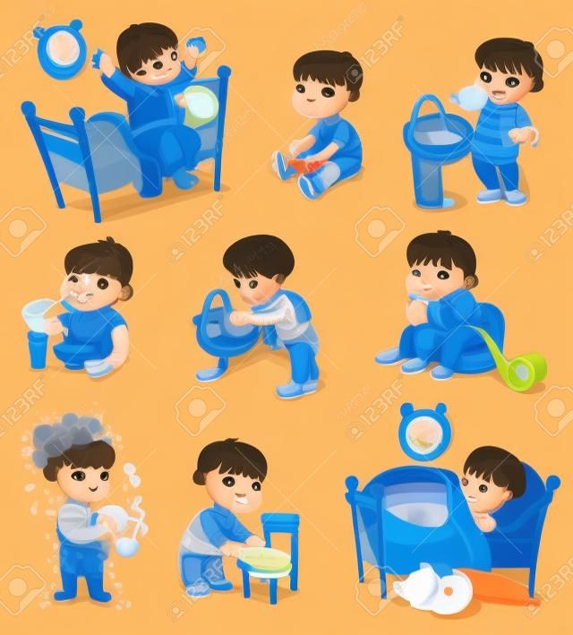 日常例行活動。嬰兒坐兒童鍋。男孩他刷牙。小孩子把衣服整齊地折疊起來。