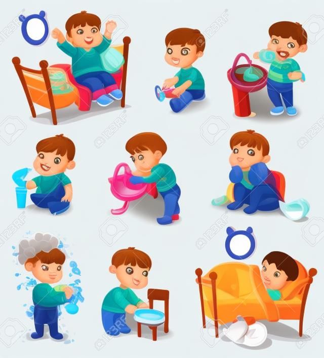 Daily routine activities. Baby sitting children's pot. Boy brushing his teeth. Kid neatly folds his clothes.