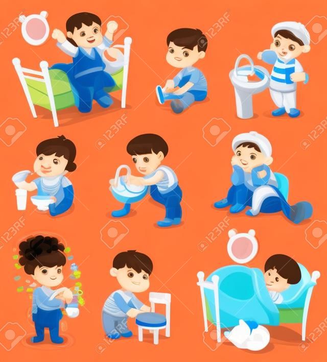 Atividades de rotina diárias. Bebê sentado panela infantil. Menino escovando os dentes. Kid perfeitamente dobra suas roupas.