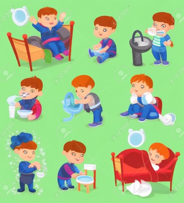 Activités de routine quotidienne. Pot de bébé assis. Garçon se brosser les dents. Kid plie soigneusement ses vêtements.