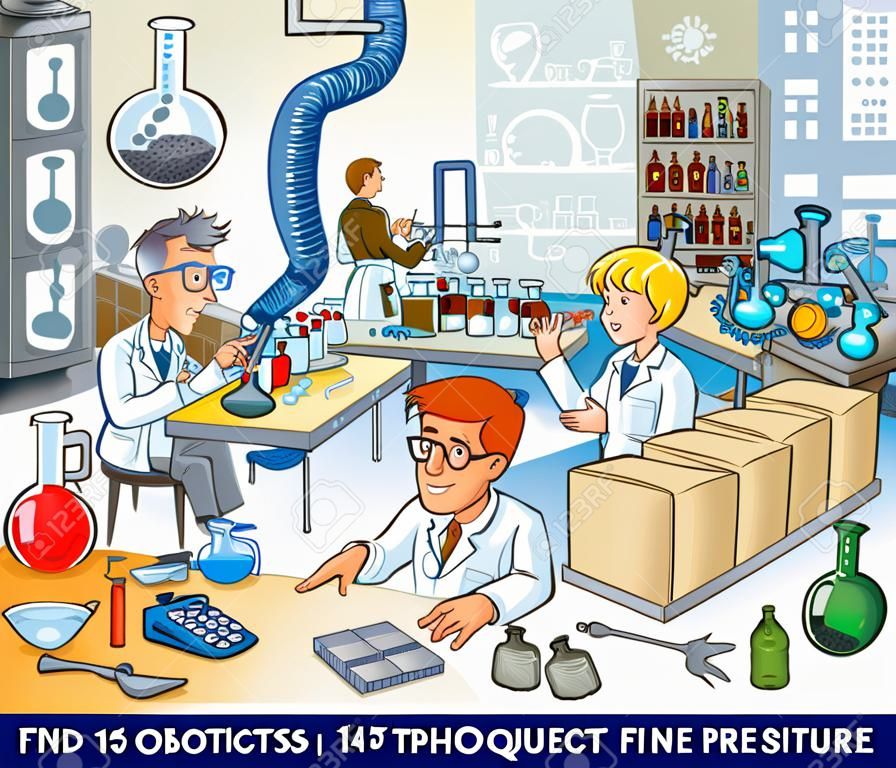 Zoek 15 objecten in de afbeelding met wetenschapper ontwerp.