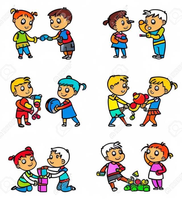 Good and bad behavior of a child. Brother and sister fighting over a toys. Best friends forever. Funny cartoon character. Isolated on white background. Coloring book. Vector illustration. Set