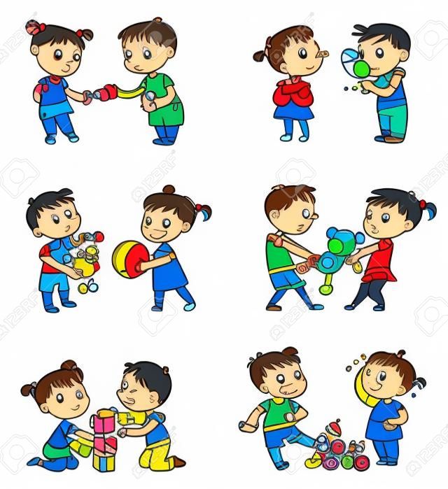 Good and bad behavior of a child. Brother and sister fighting over a toys. Best friends forever. Funny cartoon character. Isolated on white background. Coloring book. Vector illustration. Set