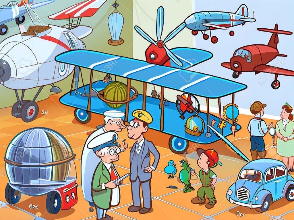 Museo di Storia dei Trasporti, dell'Aviazione e della Tecnologia. Trova 10 oggetti nell'immagine. Puzzle oggetti nascosti. Personaggio dei cartoni animati divertente. Illustrazione vettoriale