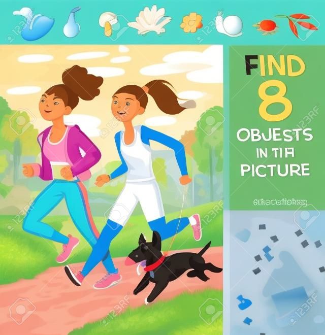 Find 8 objects in the picture. Puzzle Hidden Items. Two girls jogging with a dog. Funny cartoon character