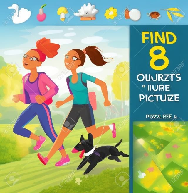 Find 8 objects in the picture. Puzzle Hidden Items. Two girls jogging with a dog. Funny cartoon character