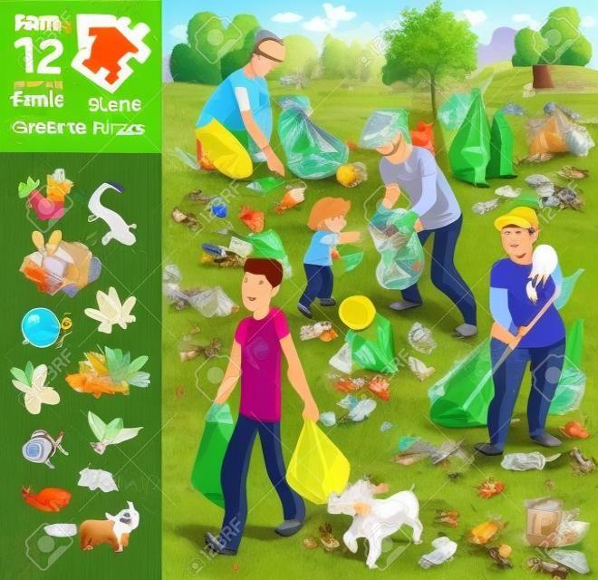 Family collects garbage on nature. Find all the animals in the picture. Find 12 hidden objects in the picture. Puzzle Hidden Items. Funny cartoon character