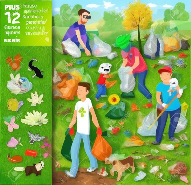Familie sammelt Müll in der Natur. Finde alle Tiere auf dem Bild. Finde 12 versteckte Objekte im Bild. Puzzle versteckte Gegenstände. Lustige Zeichentrickfigur