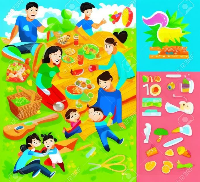 Family at picnic. Find 10 hidden objects in the picture. Find Skunk. Puzzle Hidden Items. Funny cartoon character. Vector illustration