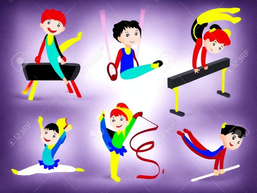 Rytmiczna gimnastyka. gimnastyka artystyczna dzieci. kolorowe postaci z kreskówek