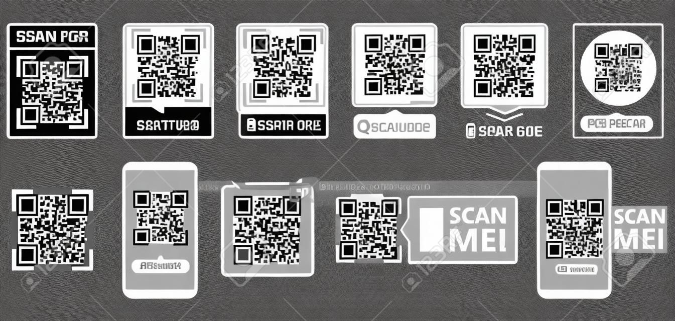 Qr code frame vector set. QR code scan for smartphone. Template scan me Qr code for smartphone. QR code for mobile app, payment and phone. Scan me phone tag. Barcode smartphone id icon.