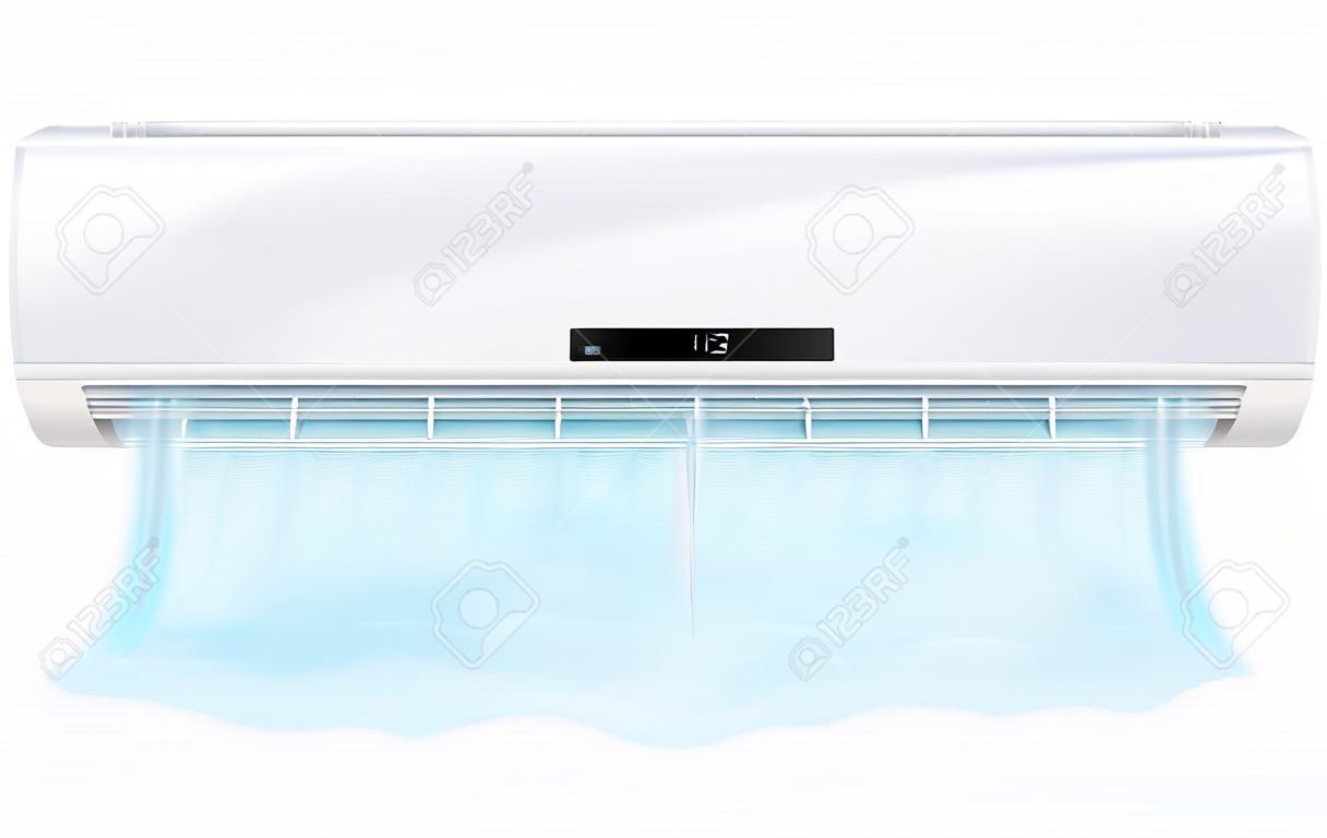 Air conditioner with cold wind waves. Air conditioner with flows of cold air. Electronic modern appliance for controlling temperature and climate in room, realistic 3d vector illustration