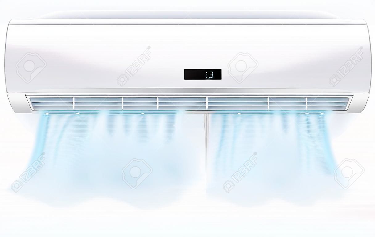 Air conditioner with cold wind waves. Air conditioner with flows of cold air. Electronic modern appliance for controlling temperature and climate in room, realistic 3d vector illustration