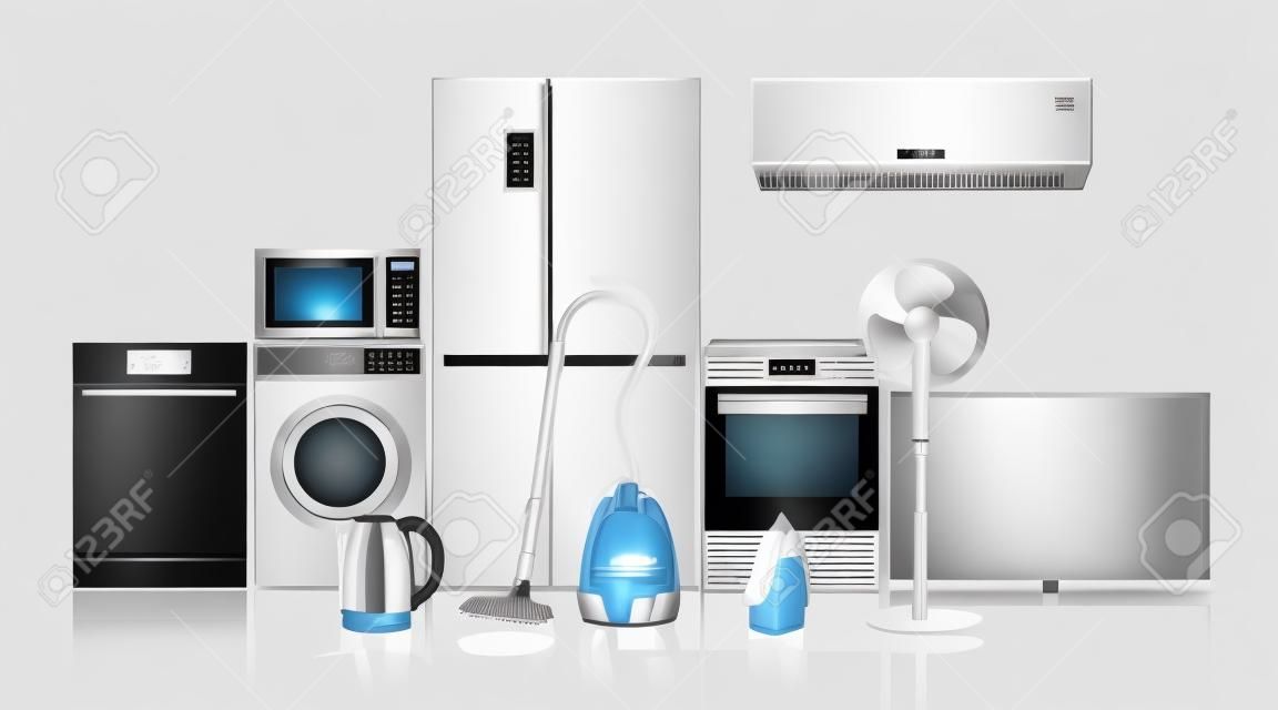 A set of household appliances: microwave oven, washing machine, refrigerator, vacuum cleaner, iron, stove, fan, air conditioner, TV, dishwasher, kettle. Realistic 3D vector, isolated